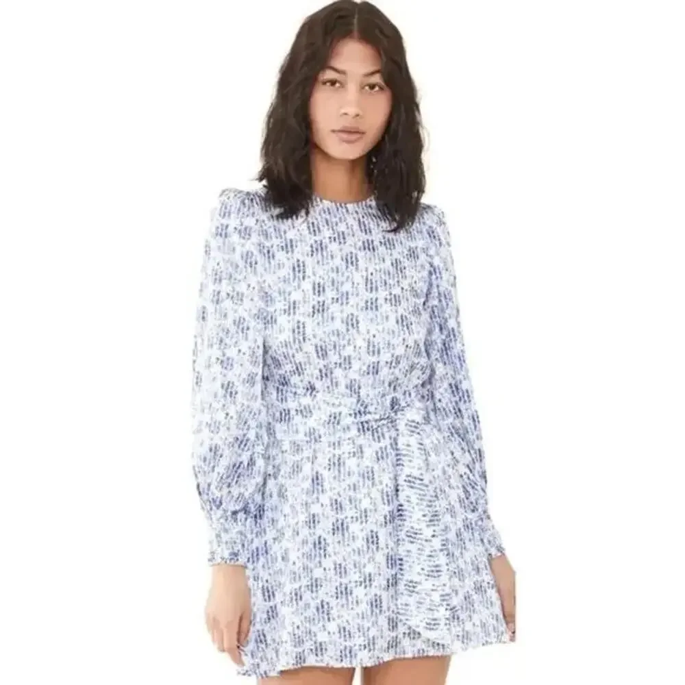Alice + Olivia Molli Dress Blue White Floral Print Belted Long Sleeve Mini 4 - Picture 9 of 9